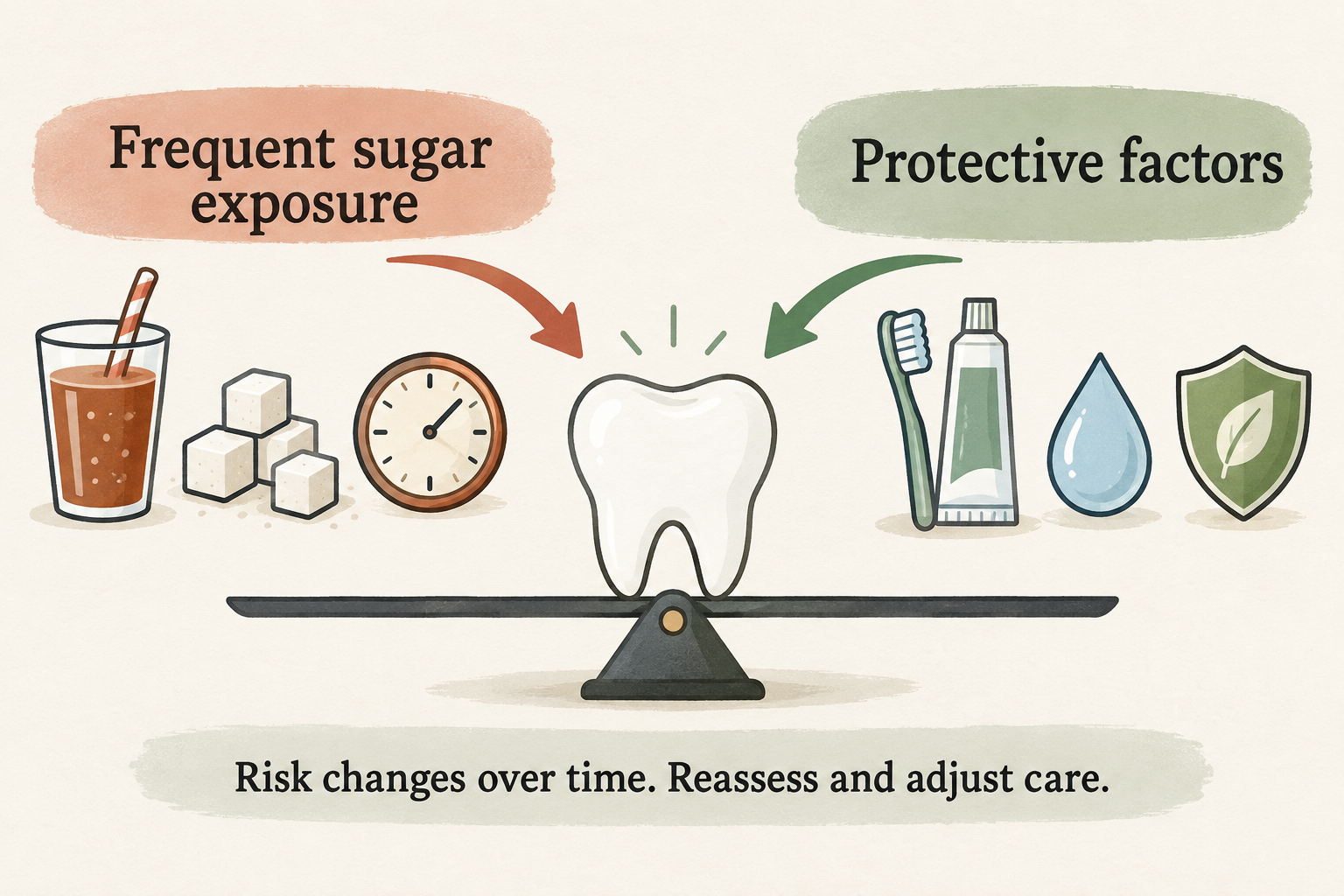 A tooth between frequent sugar exposure and protective factors. The balance represents risk that changes over time and needs reassessment.
